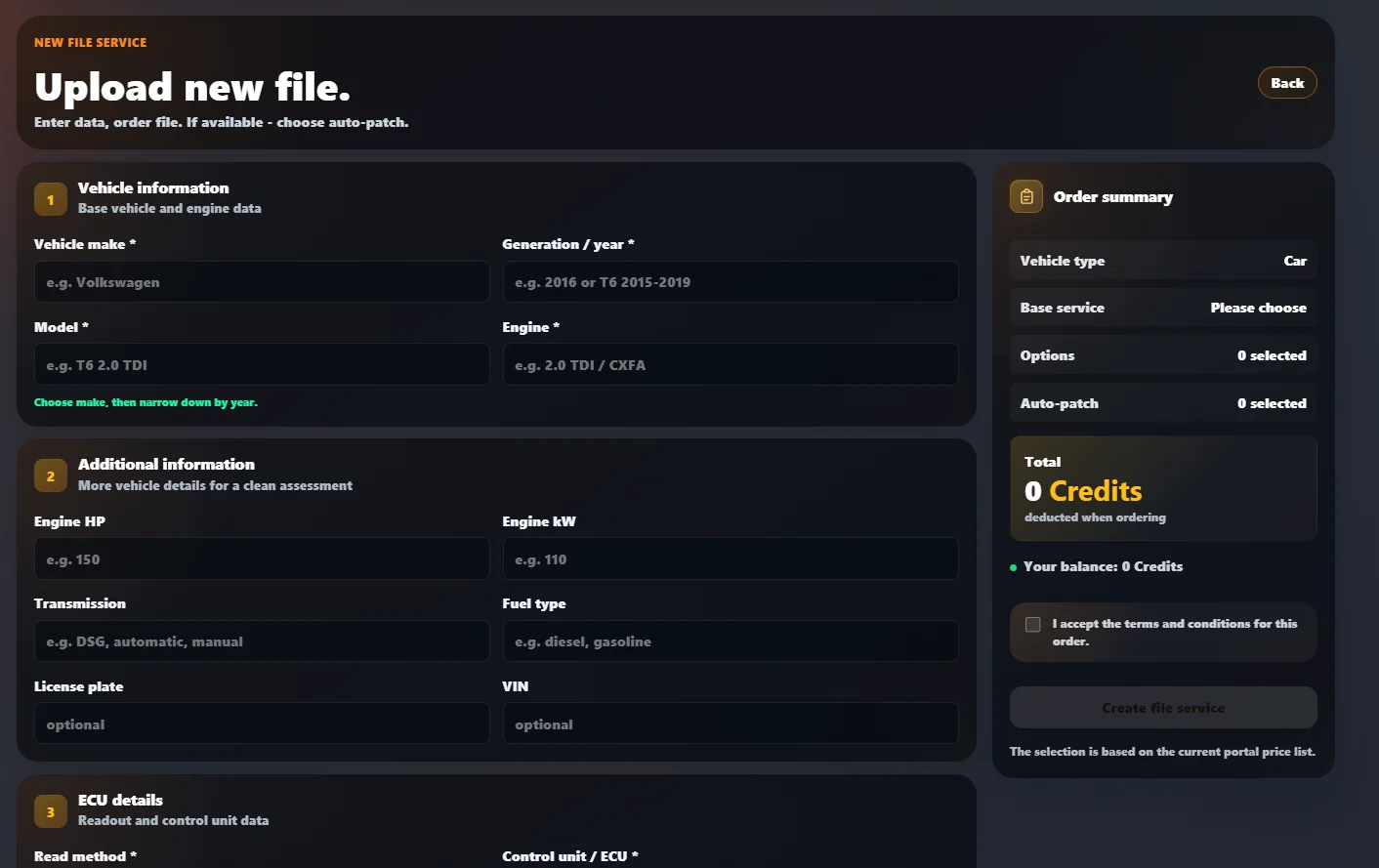 English upload form with order summary